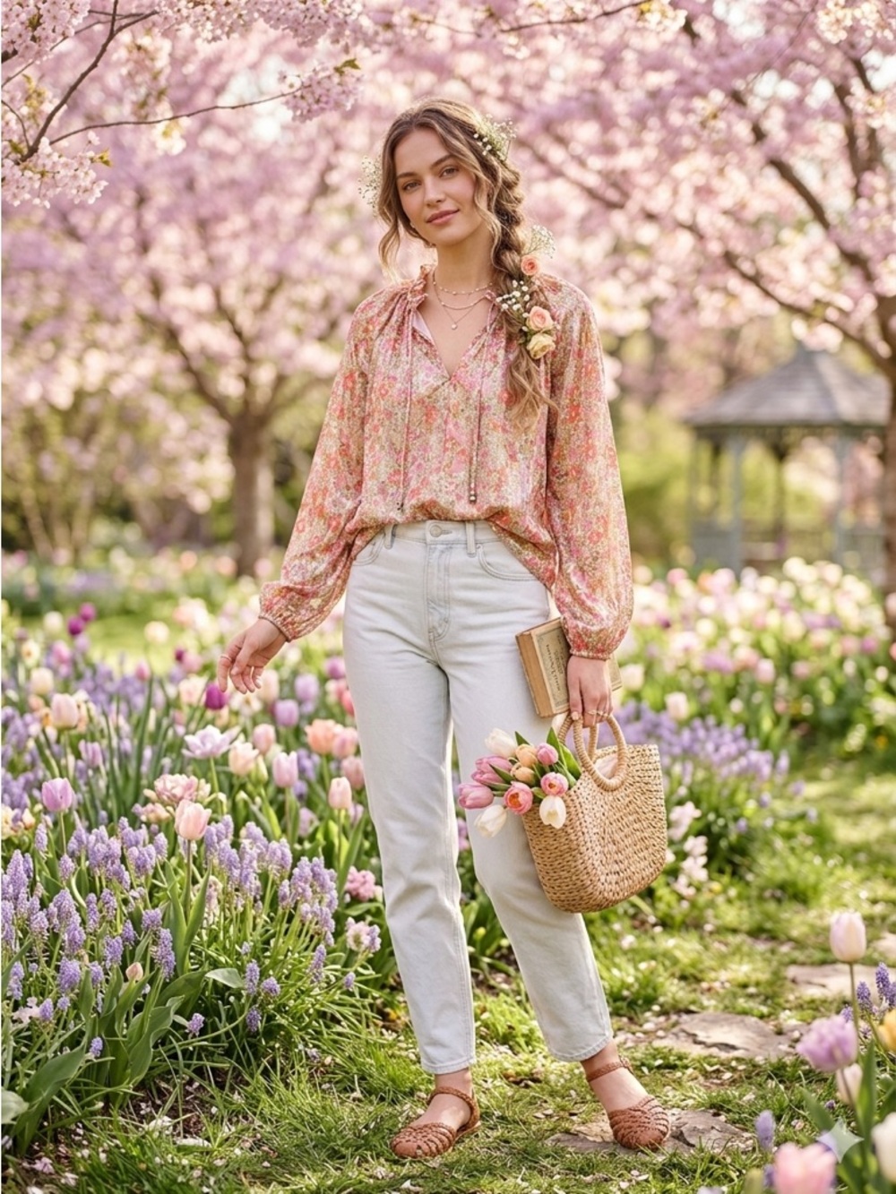 H&M Cottagecore Floral Ruffle Neck Chiffon Blouse - Size XS EUC